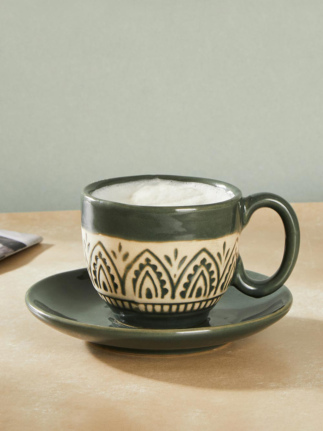Fabindia Leela 2 Pcs Olive Green & Cream-Coloured Ceramic Matte Cup and Saucer - 200 ML