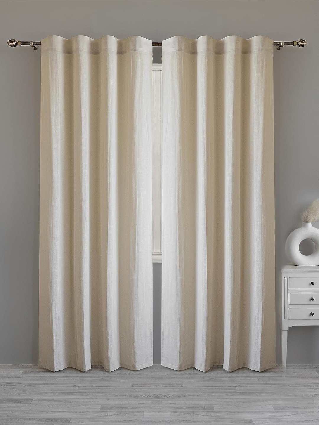LINENWALAS Happy Sleeping Beige 2 Pieces Cotton Semi Sheer Window Curtains