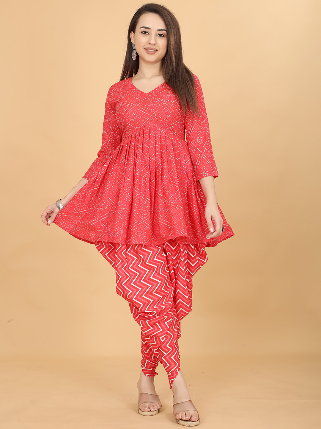 CHANSI Bandhani Printed V-Neck A-Line Kurti With Dhoti Pants