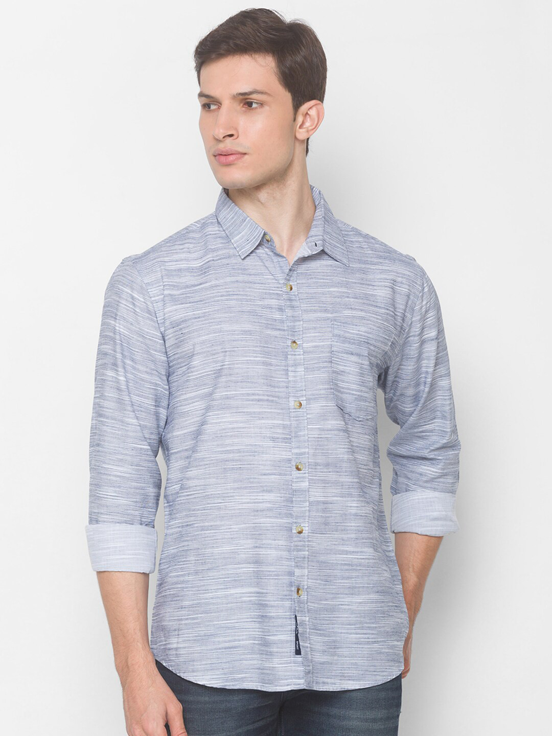 SNX Classic Self Design Textured Spread Collar Tailored Fit Cotton Casual Shirt