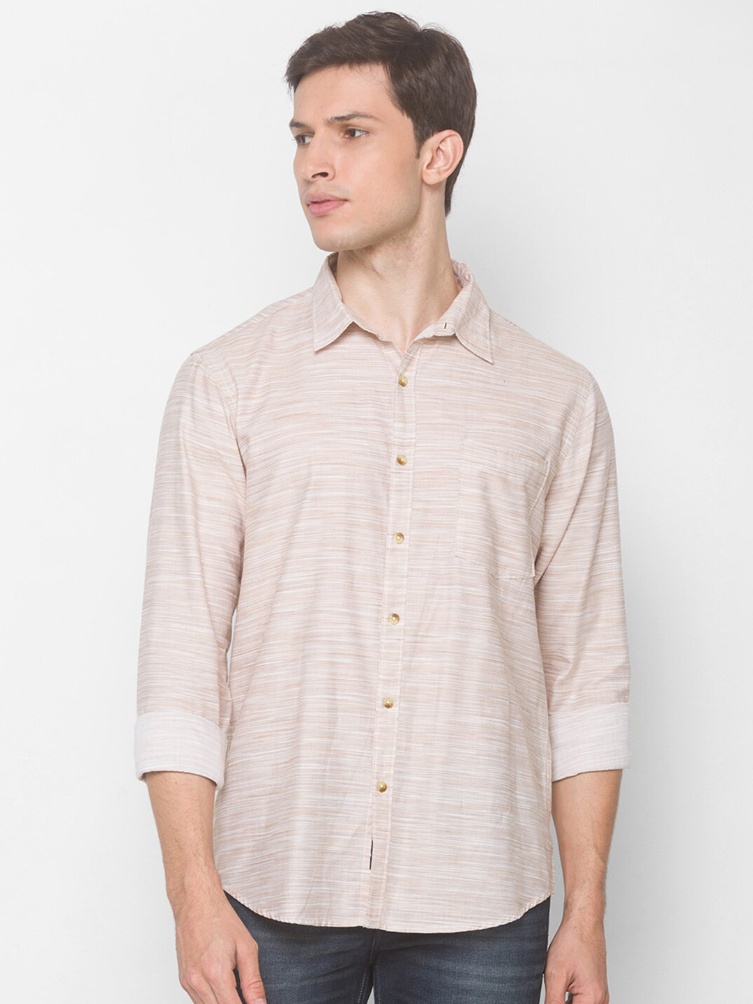 SNX Classic Self Design Textured Spread Collar Tailored Fit Cotton Casual Shirt