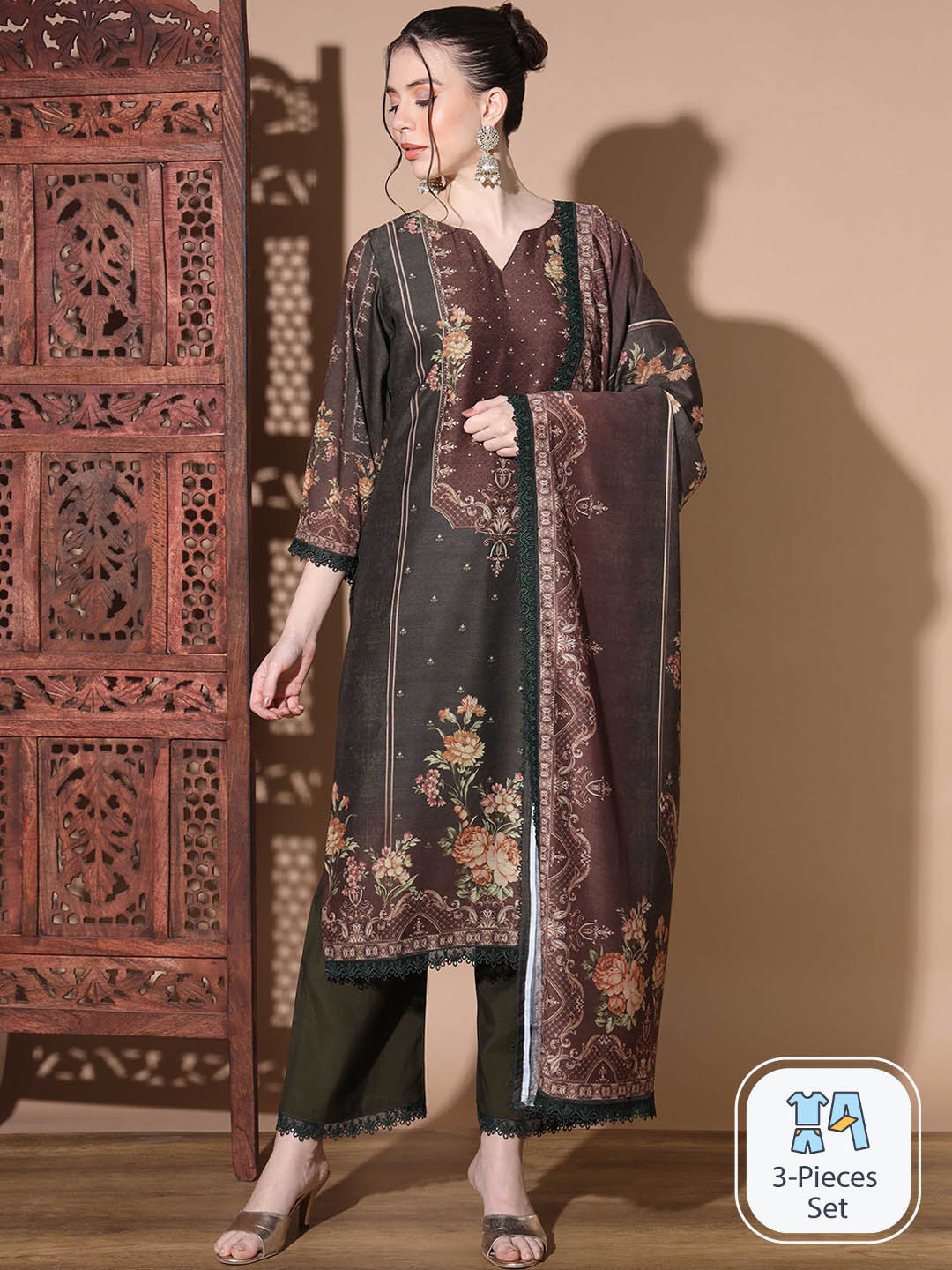 Vbuyz Green Floral Printed Notched Neck Straight Kurta with Palazzos & Dupatta