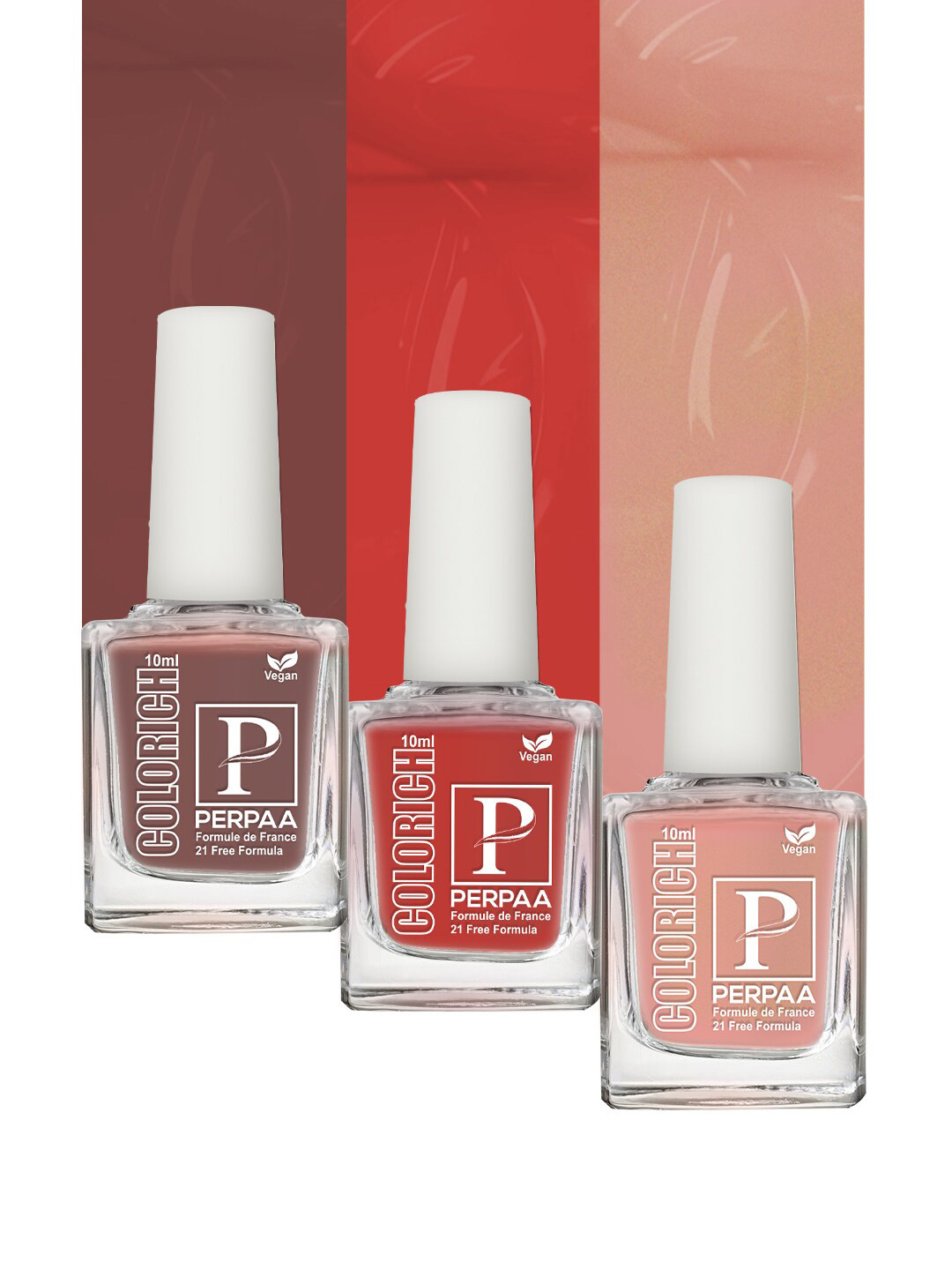 PERPAA Colorich 3Pcs French Formula Nail Polish - Shimmer Peach-Bold Red-Coco Brown