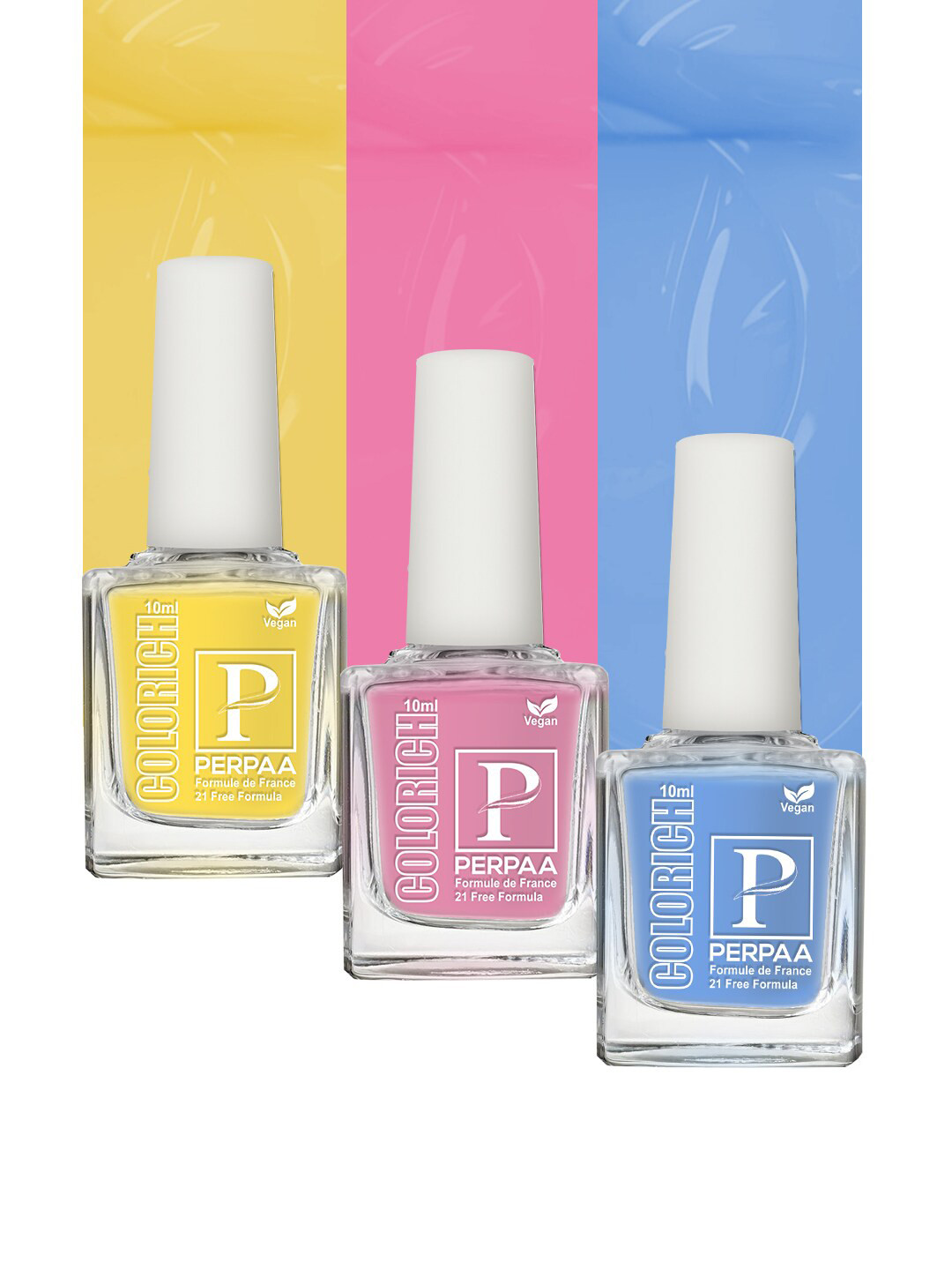 PERPAA Colorich SetOf3 French Formula Nail Polishe-10mlEach-Lime Yellow-Baby Pink-Ice Blue