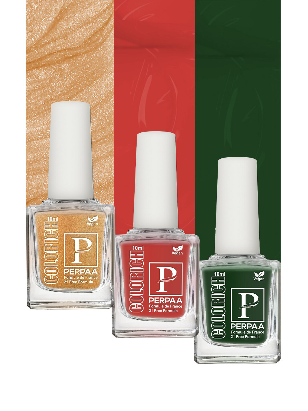 PERPAA Colorich 3Pcs French Formula Nail Polish - Golden Bliss-Bold Red-Army Green