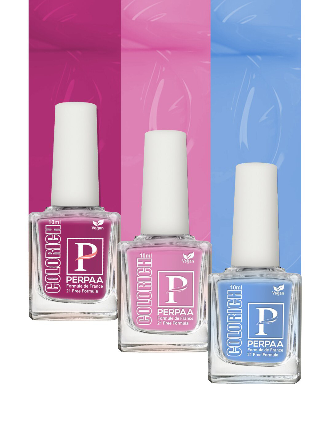 PERPAA Colorich 3Pcs French Formula Nail Polish - Rose Pink-Ice Blue-Rani Pink