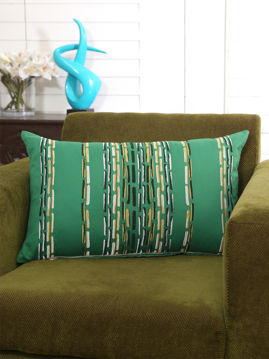 MASPAR Green Geometric Cotton Breathable Rectangle Cushion Cover - 14 x 24 Inches