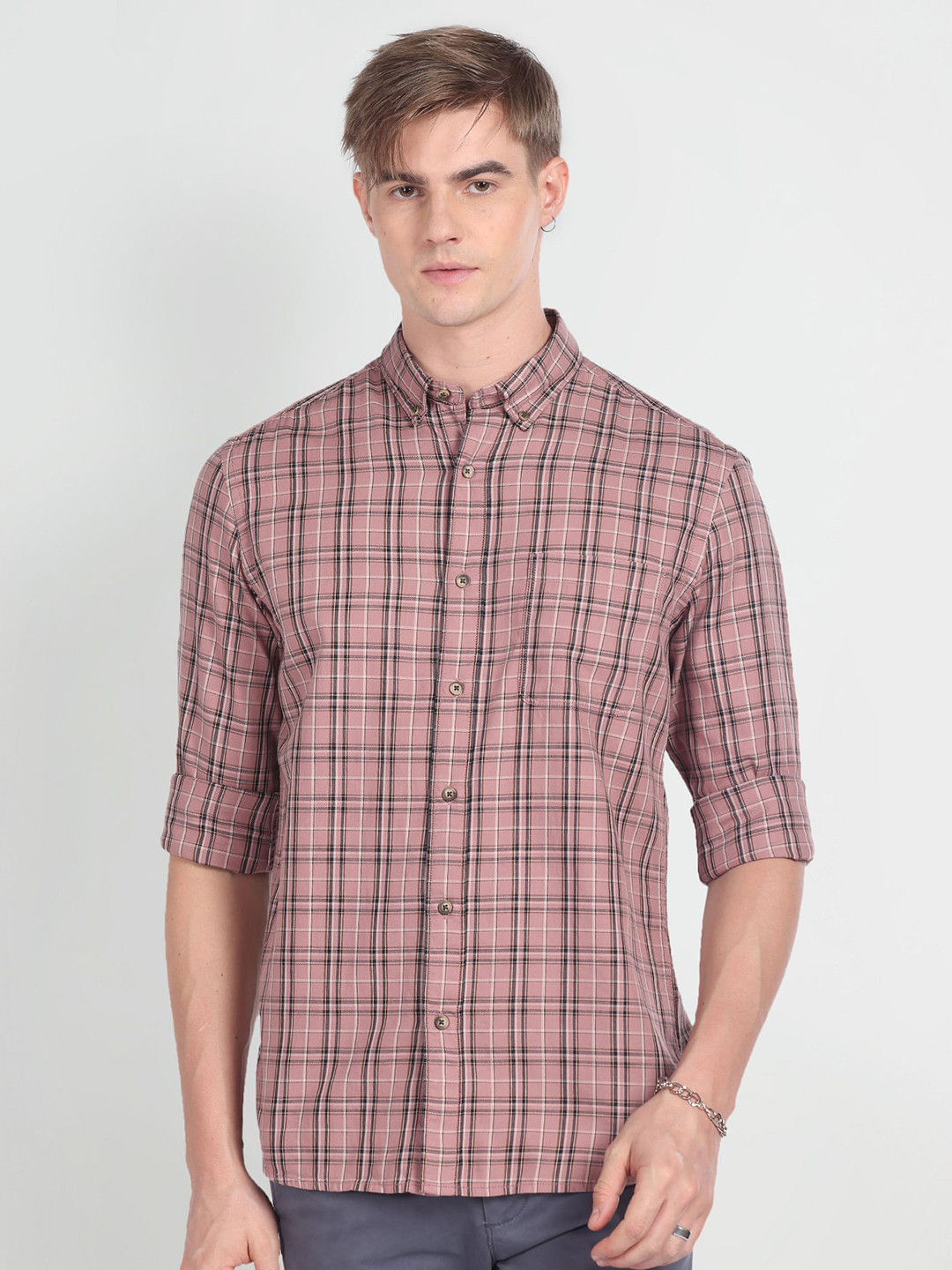 Flying Machine Men Pink Slim Fit Tartan Checks Opaque Checked Casual Shirt