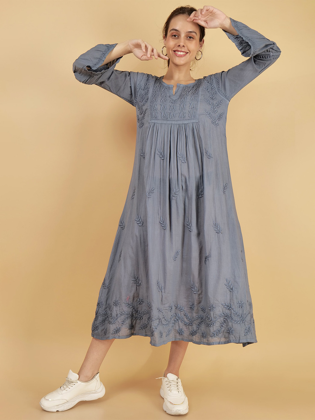 Syrish Grey Print A-Line Midi Dress