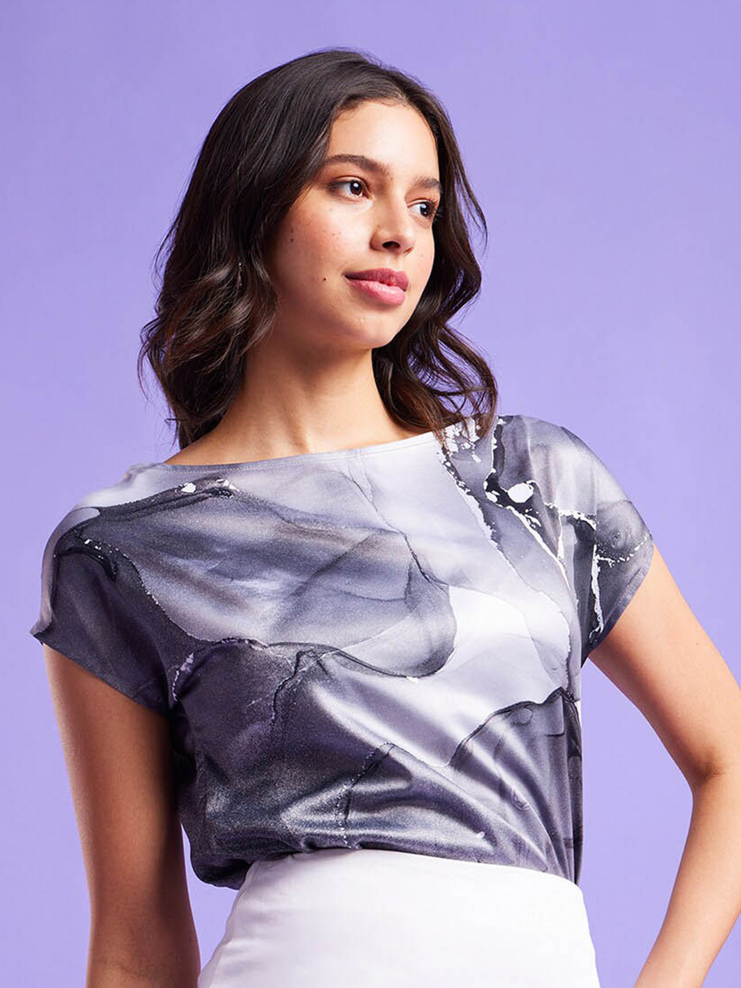 FableStreet Black Print Satin Top