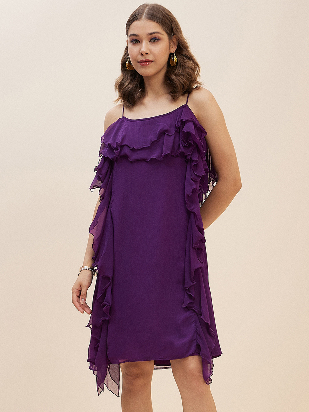 Antheaa Purple Ruffled Chiffon A-Line Dress