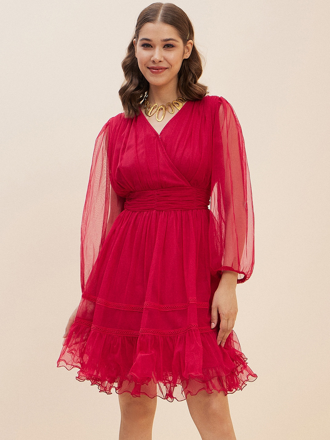 Antheaa Pink Puff Sleeve Net Dress