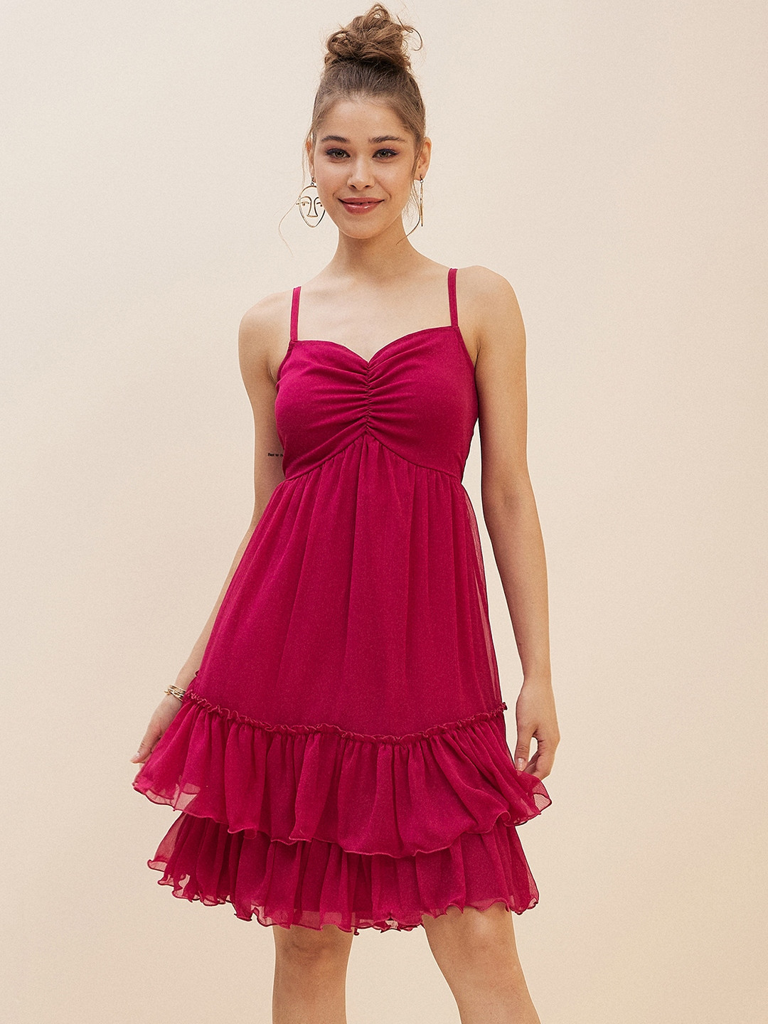 Antheaa Pink Layered Chiffon Empire Dress