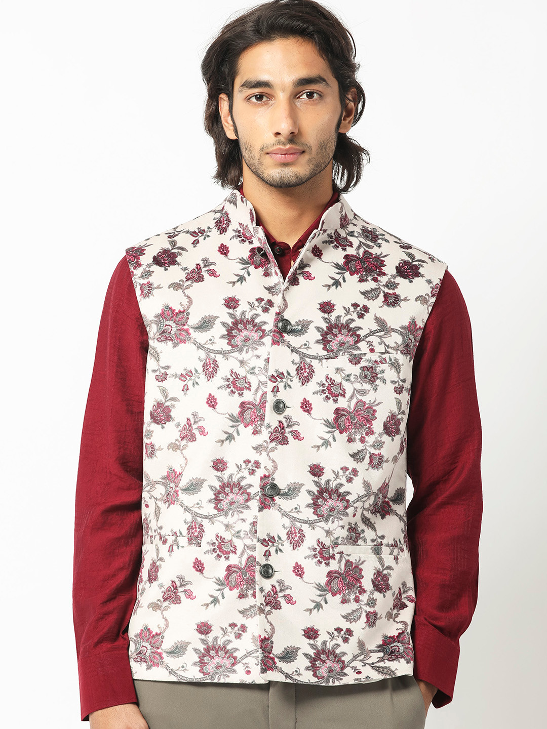 RARE RABBIT Men Camero Slim Fit Floral Printed Nehru Jacket