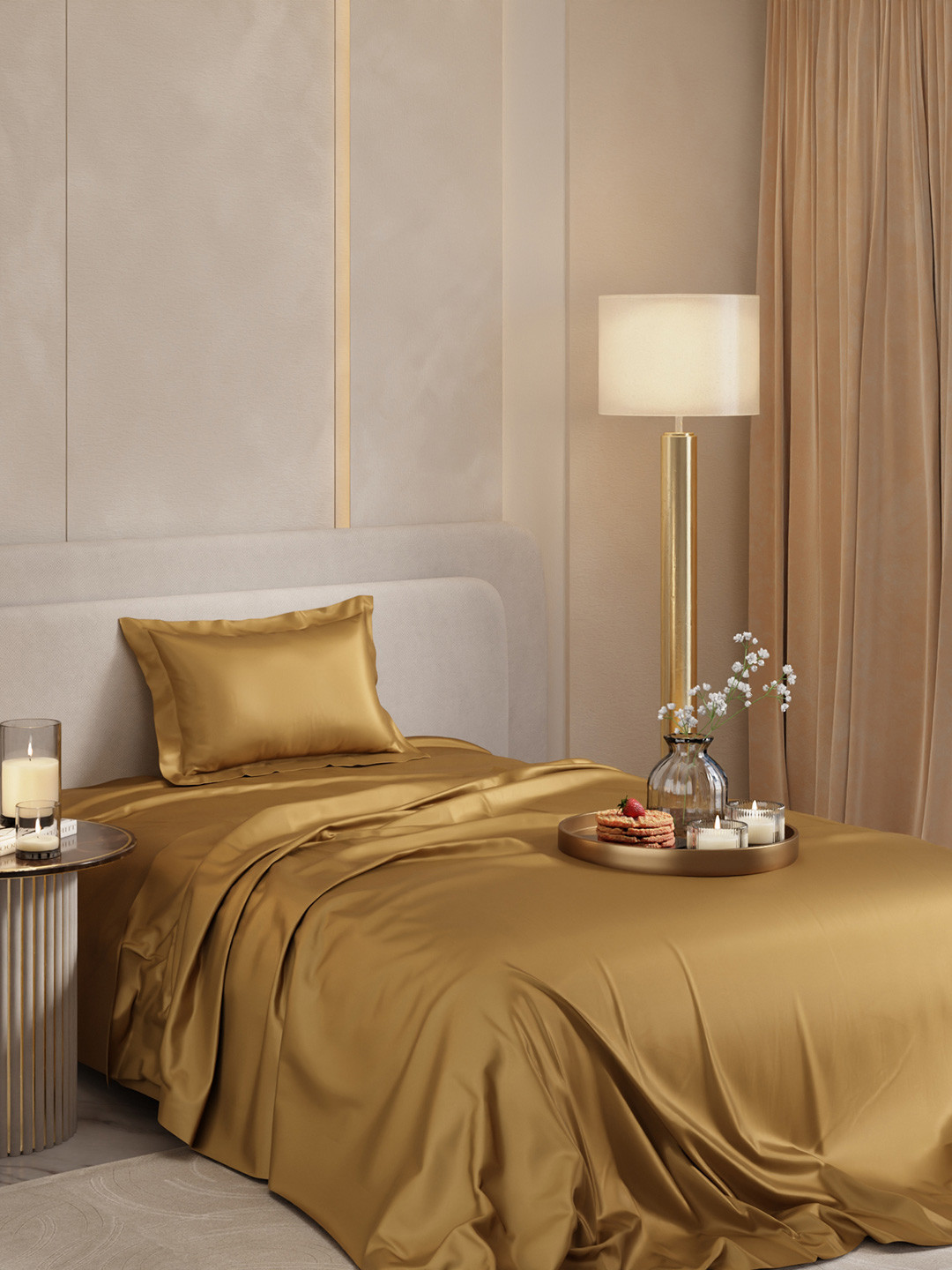 Stoa Paris Date Night Gold Polyester 300 TC Single Fine Bedsheet with a Pillow Cover-60 x 90 inches