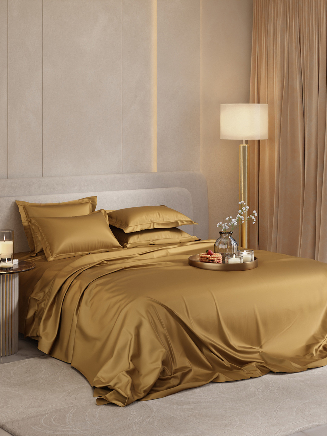 Stoa Paris Date Night Gold Polyester 300 TC King Fine Bedsheet with 4 Pillow Covers-108 x 108 inches