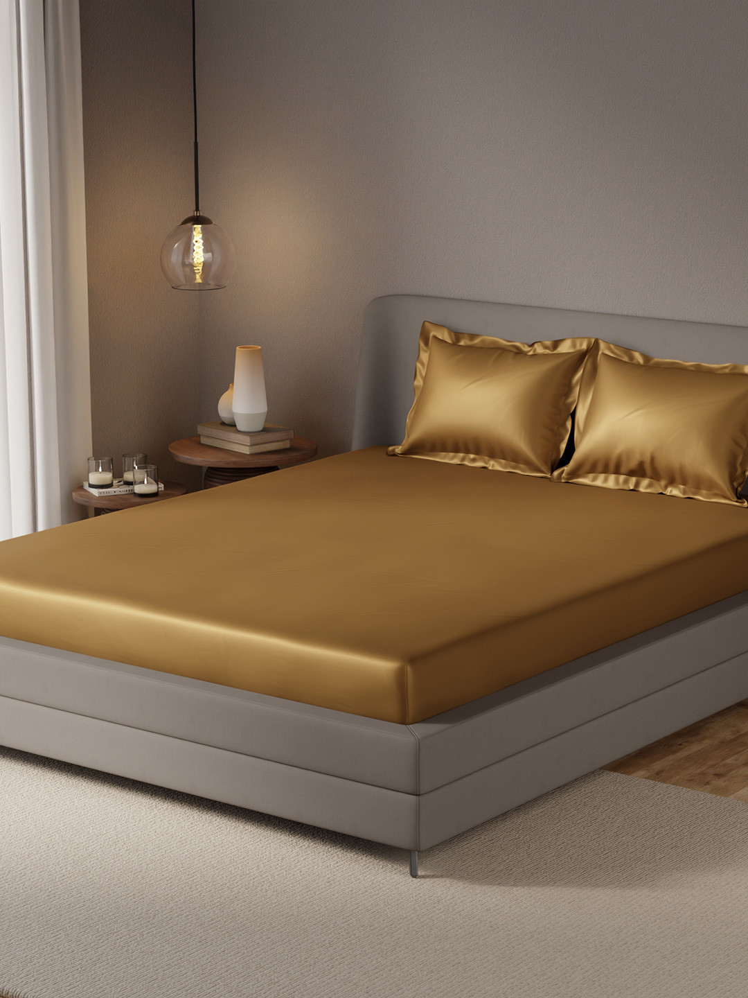 Stoa Paris Date Night Gold Fitted 300 TC King Satin Bedsheet with 2 Pillow Covers