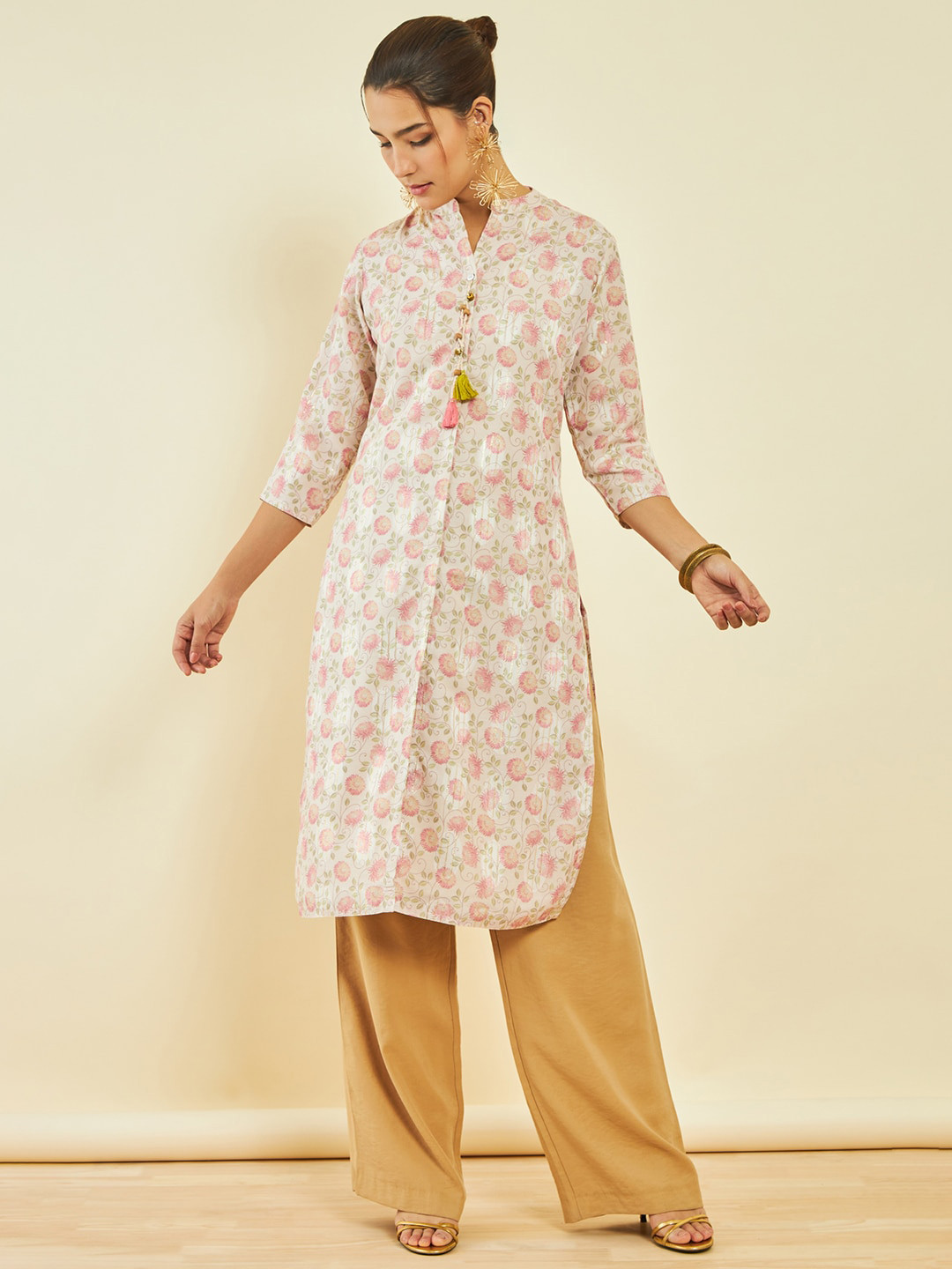 Soch Floral Printed Mandarin Collar Modal Straight Kurtas