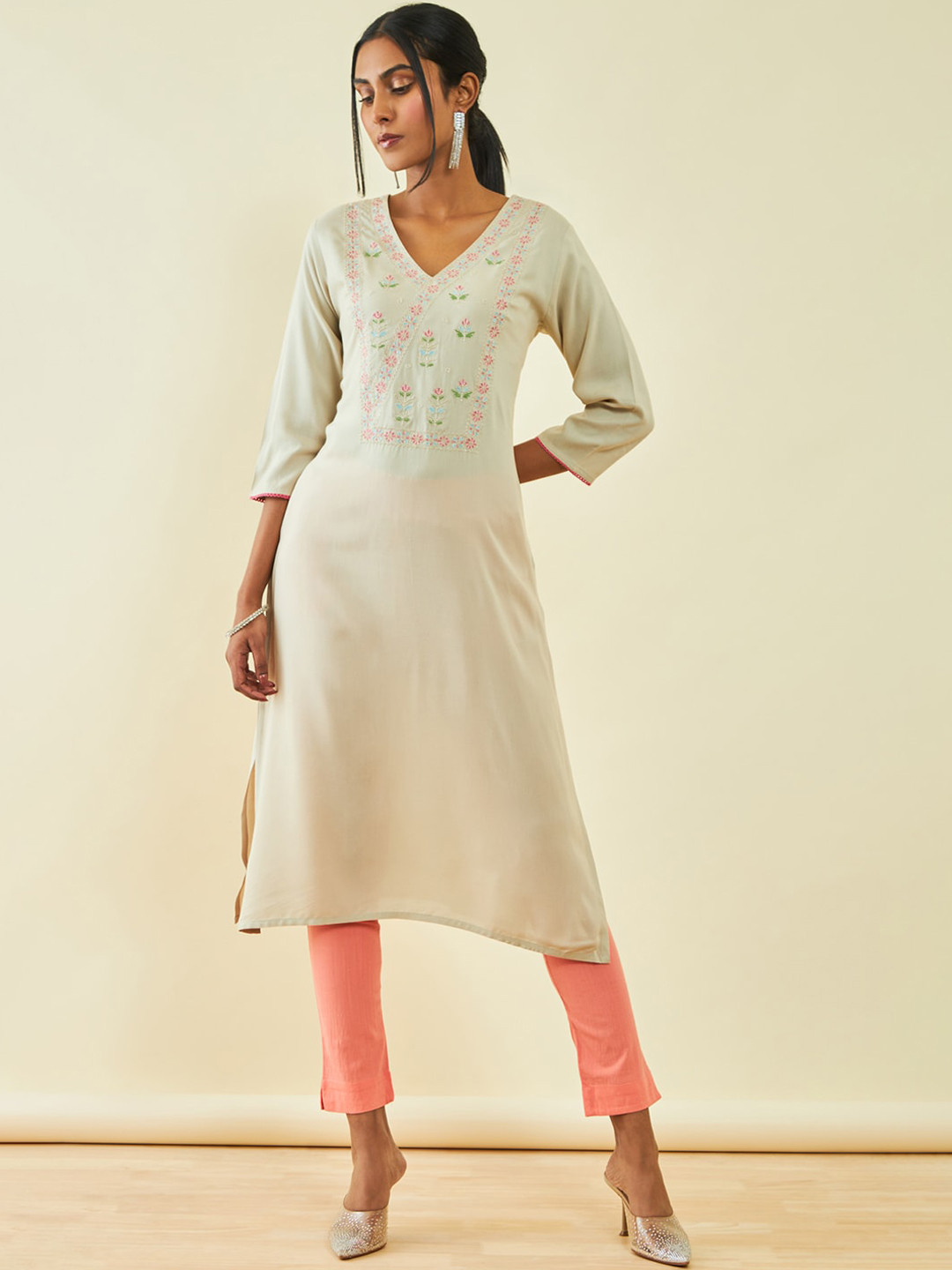 Soch V Neck Thread Work Straight Kurta