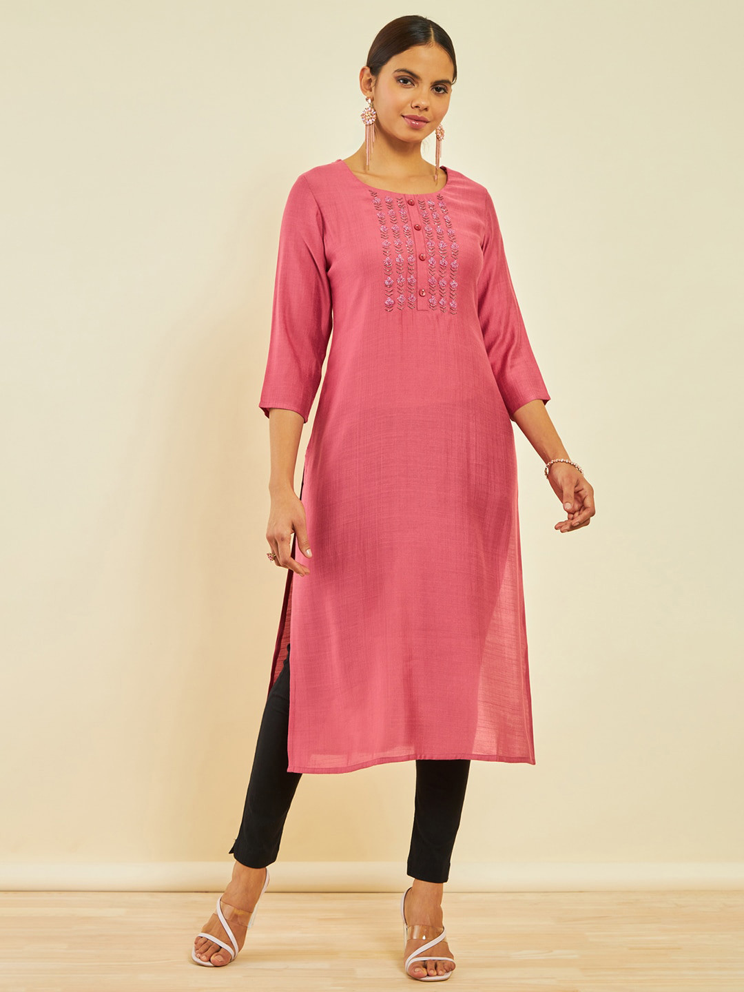Soch Coral Floral Yoke Design Beads And Stones Detail Kurta