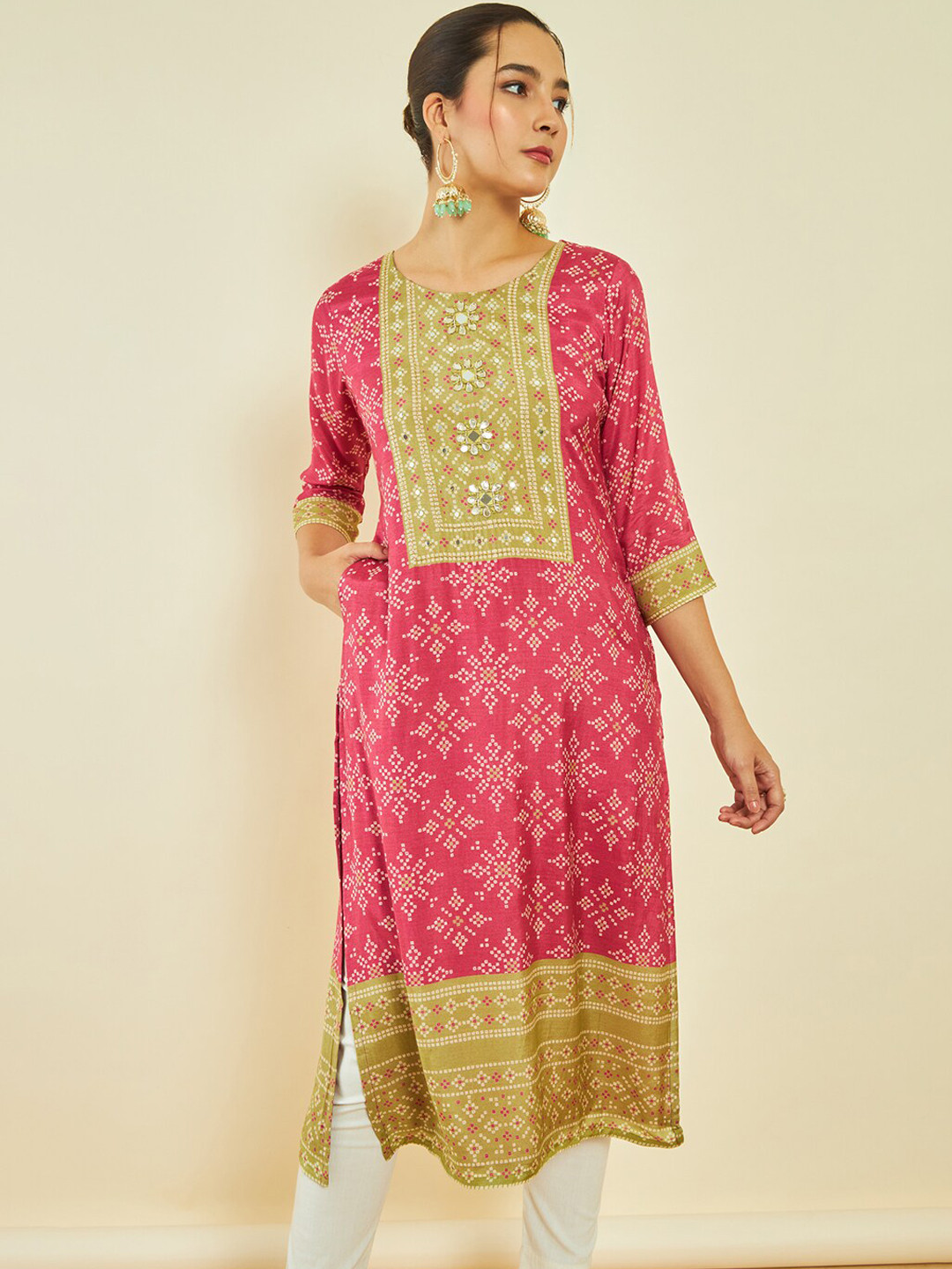 Soch Pink & Yellow Bandhani Printed Sequinned Straight Kurta