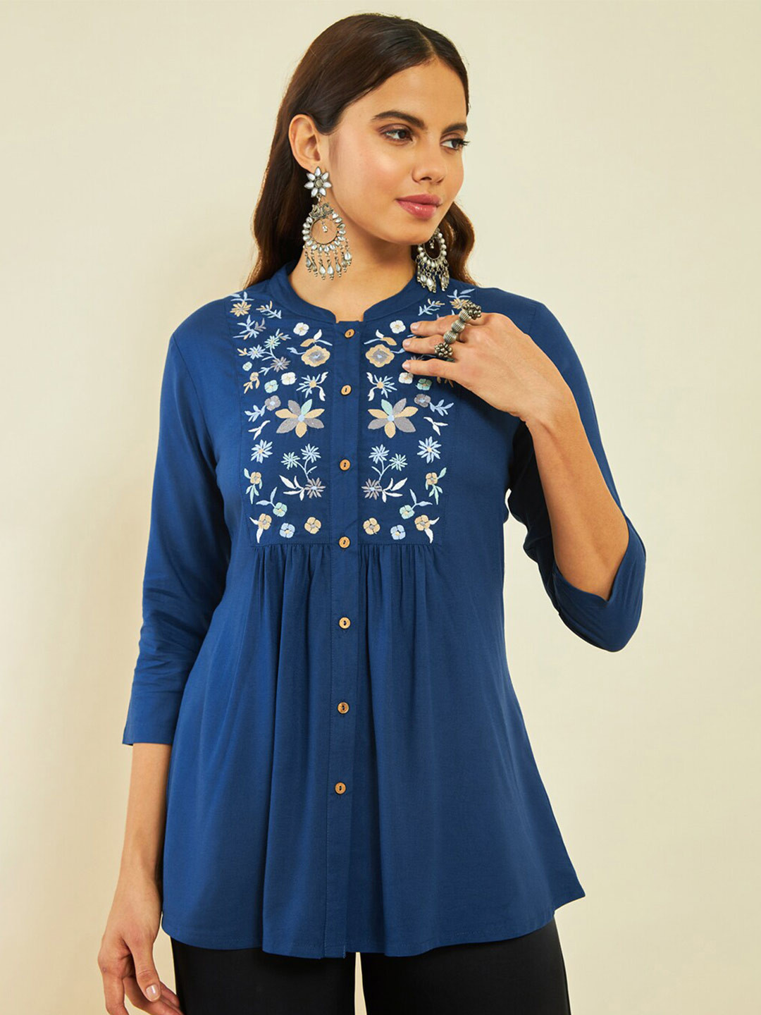 Soch Embroidered Mandarin Collar Three-Quarter Sleeves Tunic