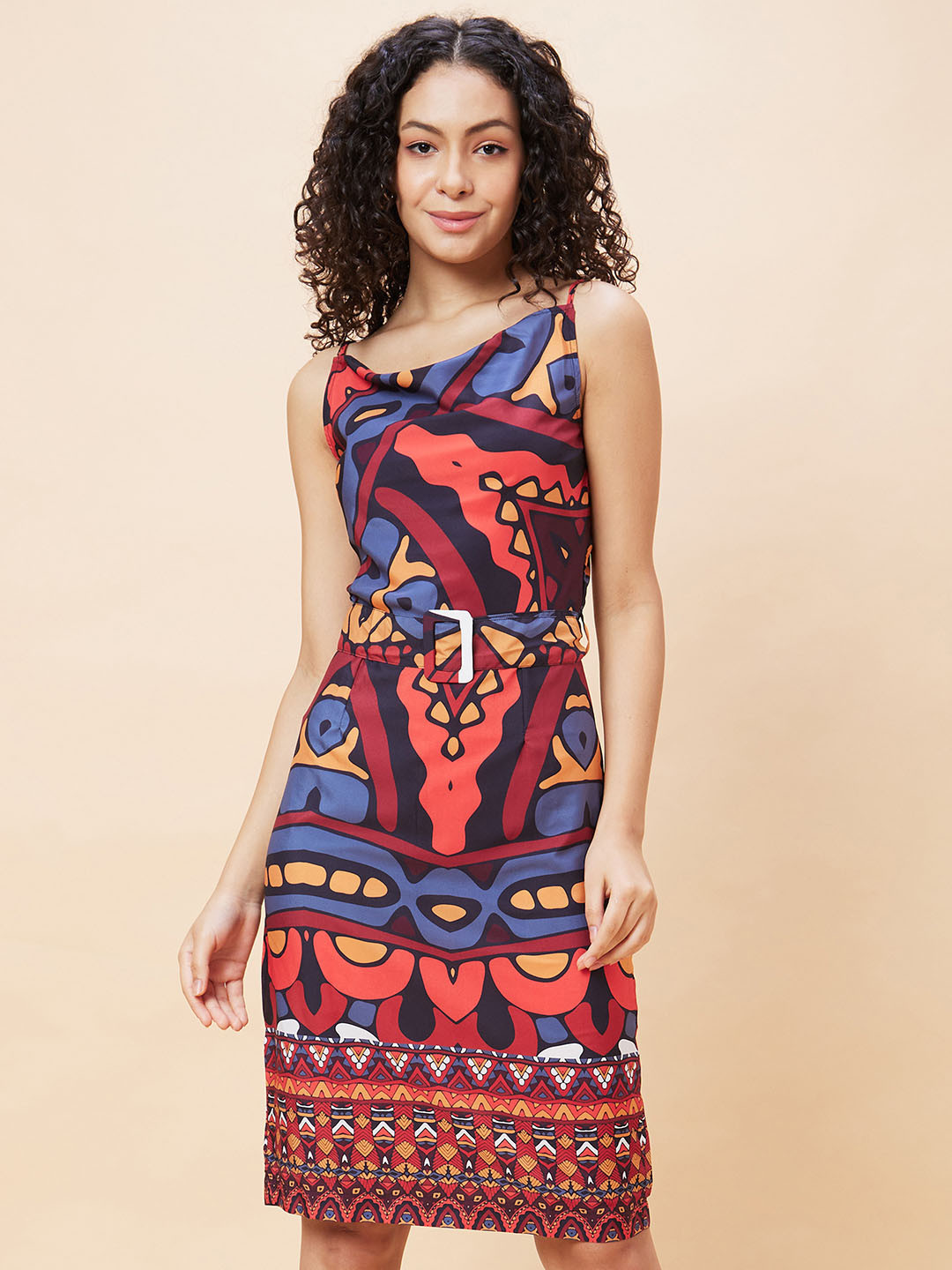 Globus Printed Abstract Cowl Neck Belted A-Line Dress