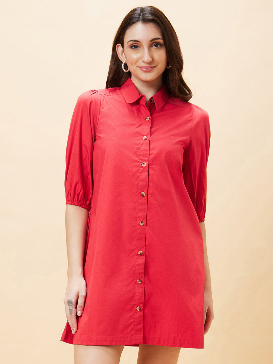 Globus Red Shirt Collar Puff Sleeve Pure Cotton Shirt Dress