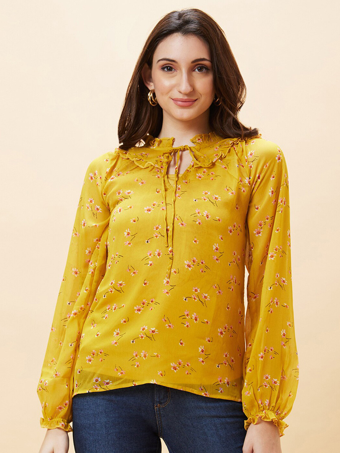 Globus Floral Print Tie-Up Neck Puff Sleeve Georgette Top