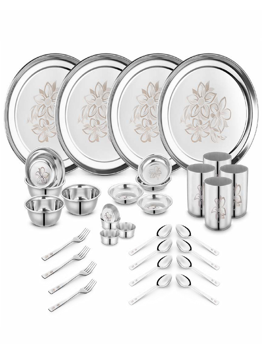 Classic Essentials Silver Floral Stainless Steel Dishwasher Safe 32 Piece Dinner Set