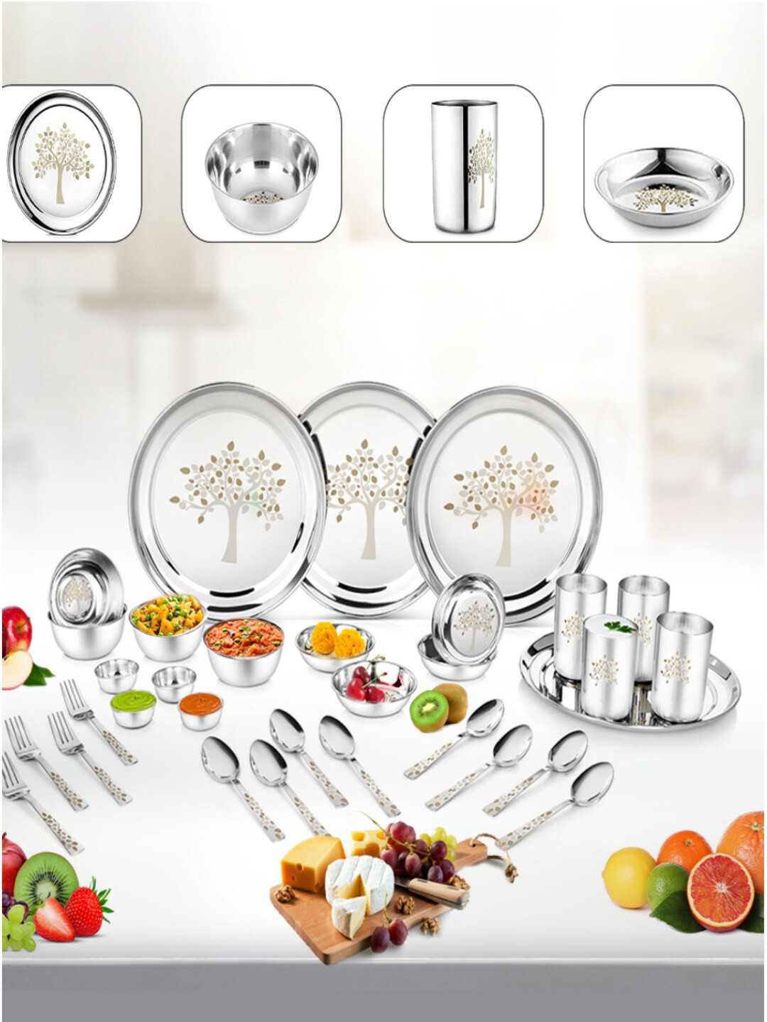 Classic Vriksha Essentials Silver Leaf Stainless Steel Dishwasher Safe 32 Piece Dinner Set