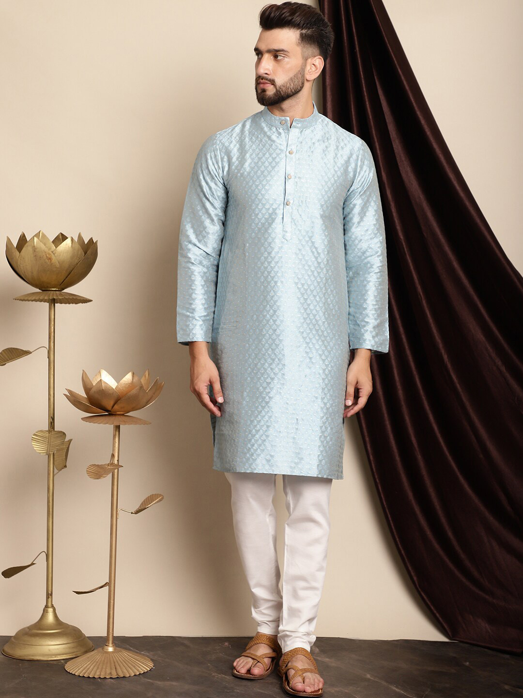 Anouk Blue Ethnic Motifs Woven Designed Jacquard Silk Regular Kurta with Churidar