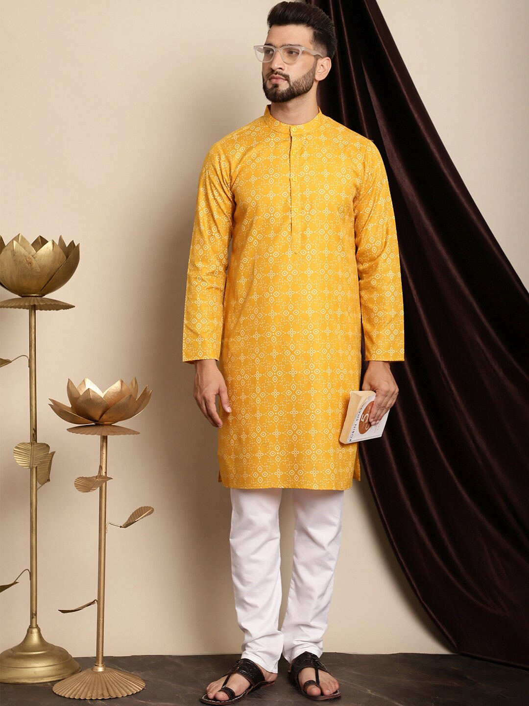 Anouk Mustard Yellow Ethnic Motifs Printed Regular Kurta with Churidar