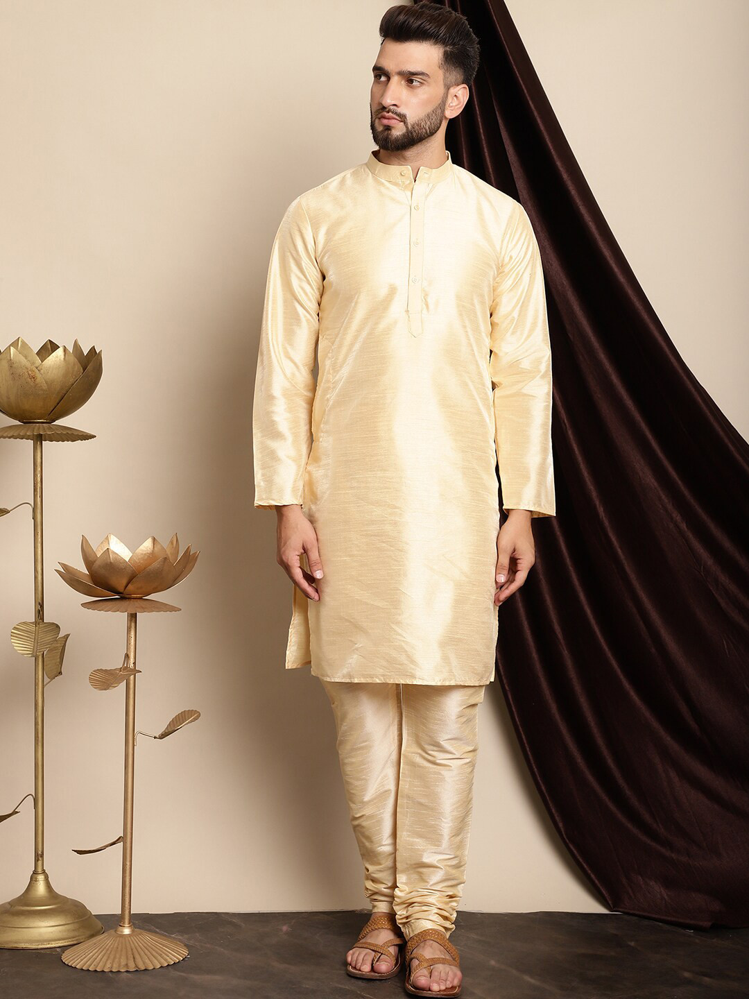 Anouk Beige Band Collar Regular Dupion Silk Kurta with Churidar