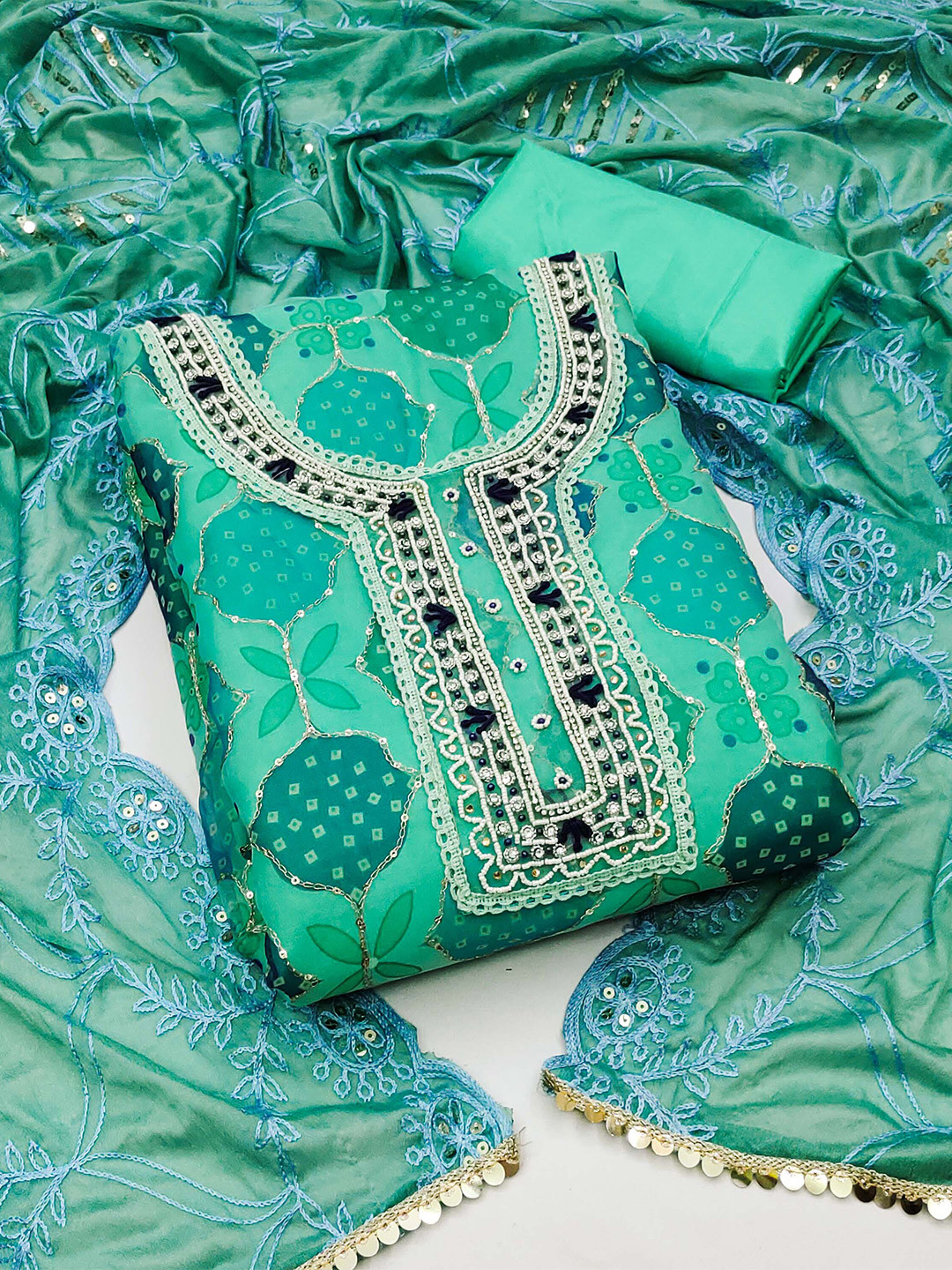 KALINI Floral Printed Beads and Stones Dress Material