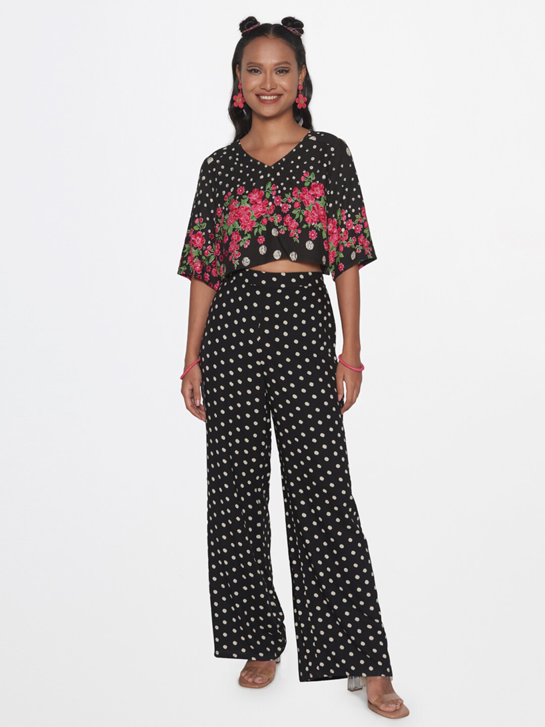 Global Desi Women Black Printed Top with Palazzos
