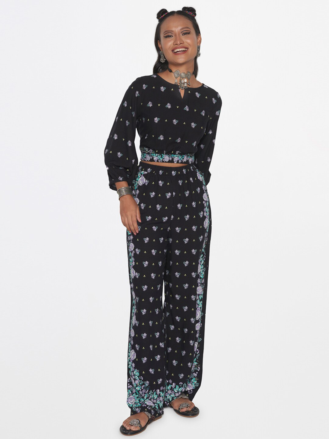 Global Desi Printed Crop Top With Trousers