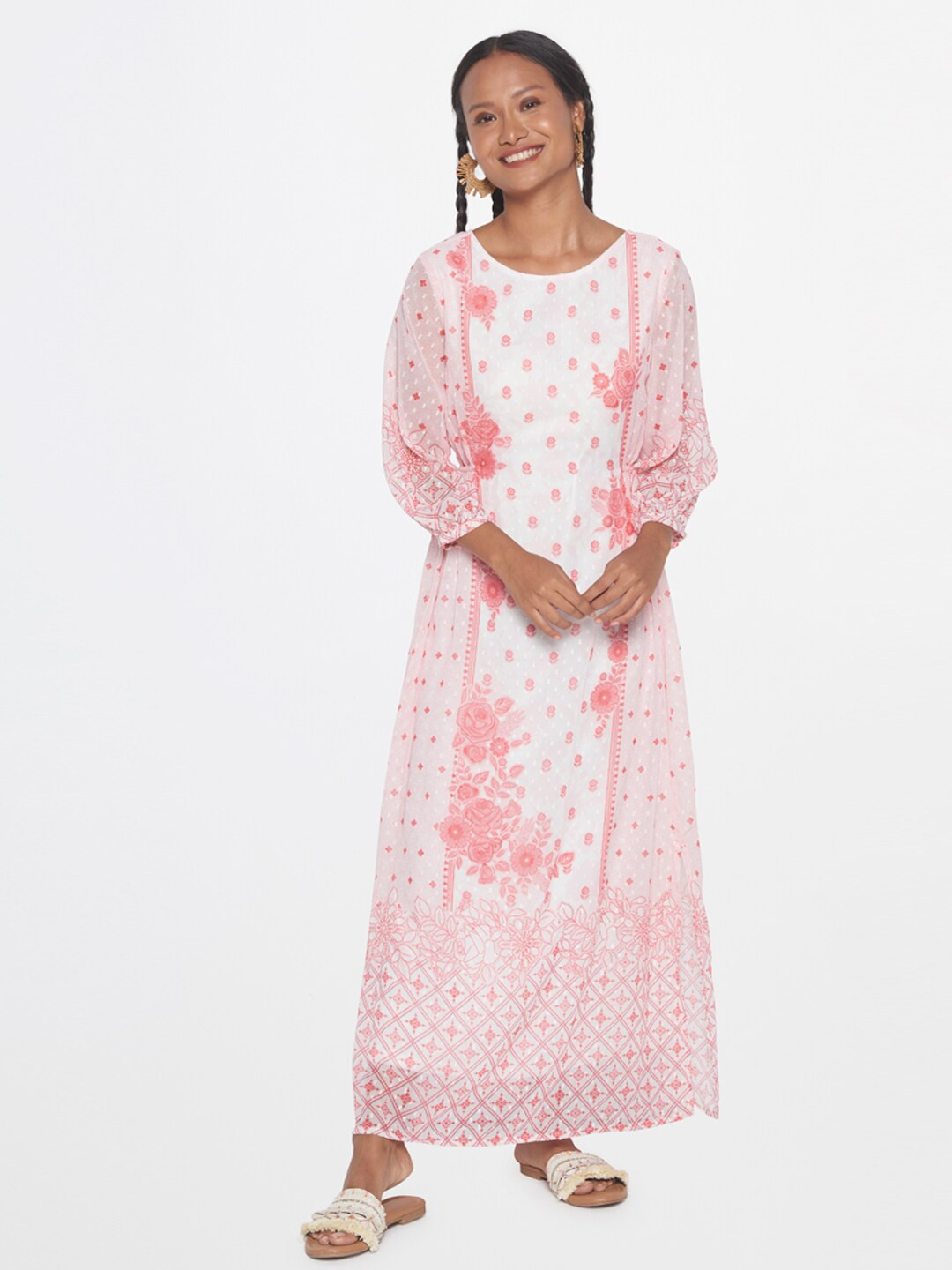 Global Desi Floral Printed Puff Sleeve Maxi Dress