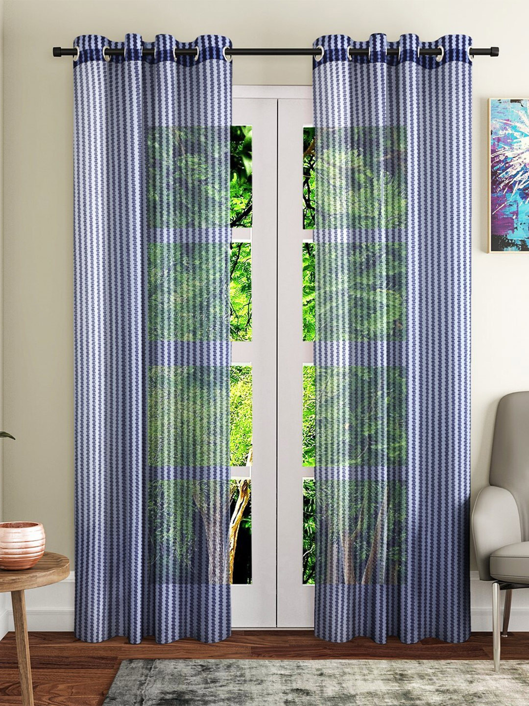Fashion String Blue 2 Pieces Geometric Printed Sheer Door Curtains
