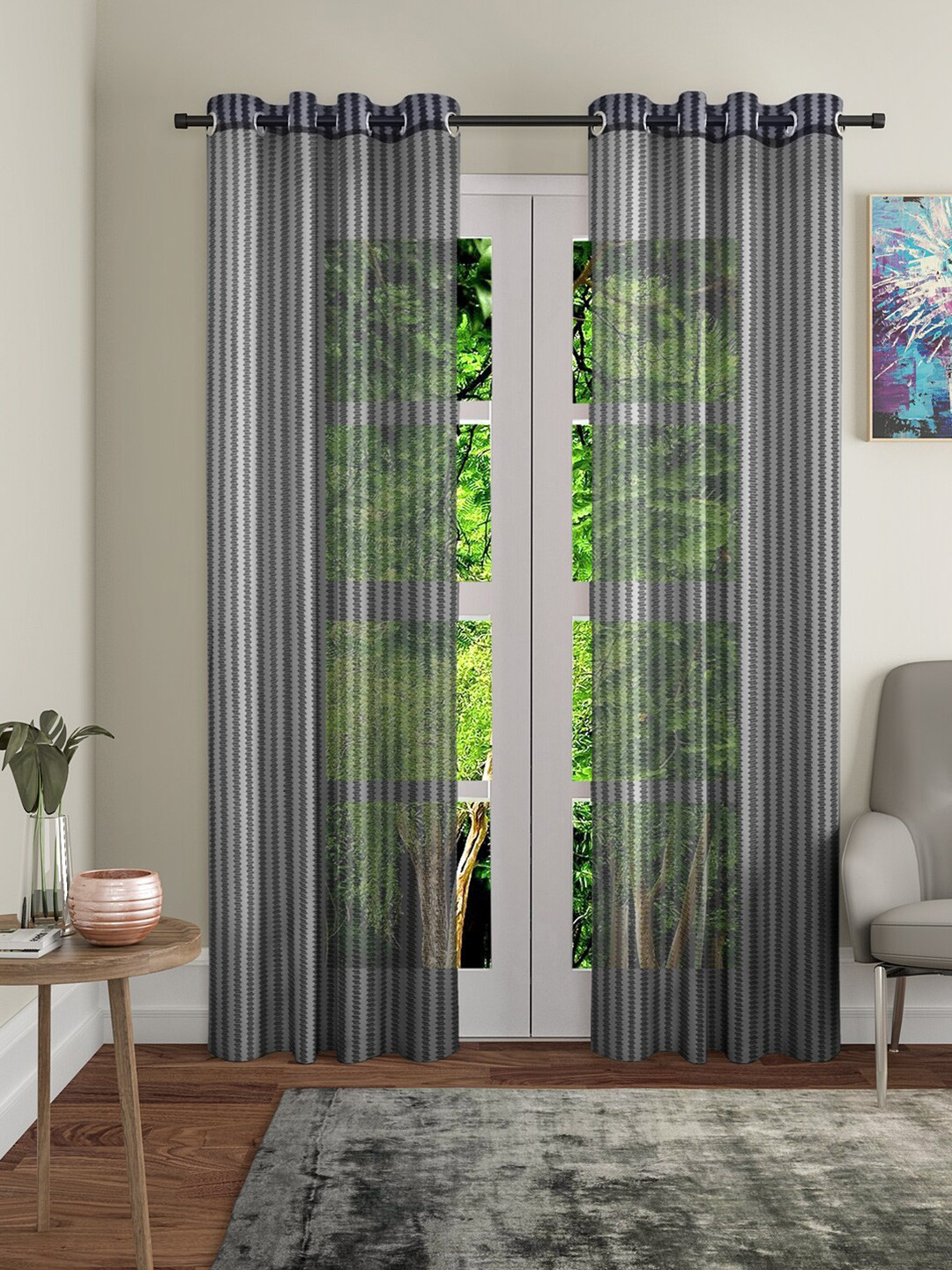 Fashion String Black & Grey 2 Pieces Geometric Printed Sheer Window Curtains