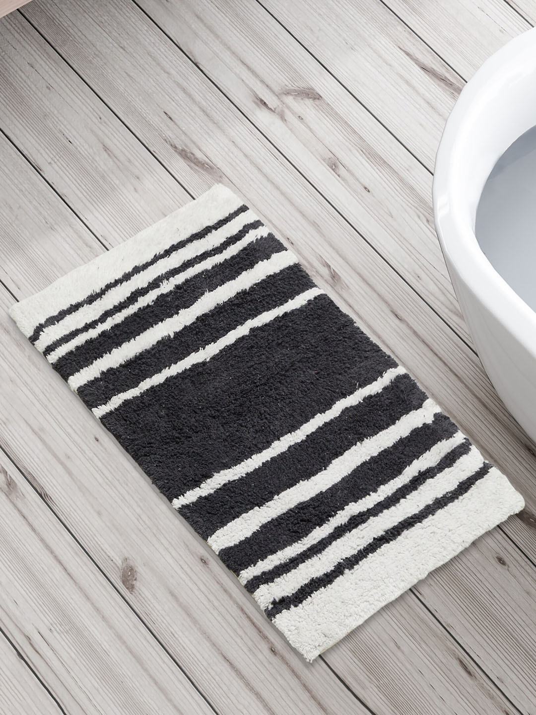 Home Centre Corsica Auton Grey & White Pure Cotton 1650 GSM Striped Anti-Slip Bath Rugs