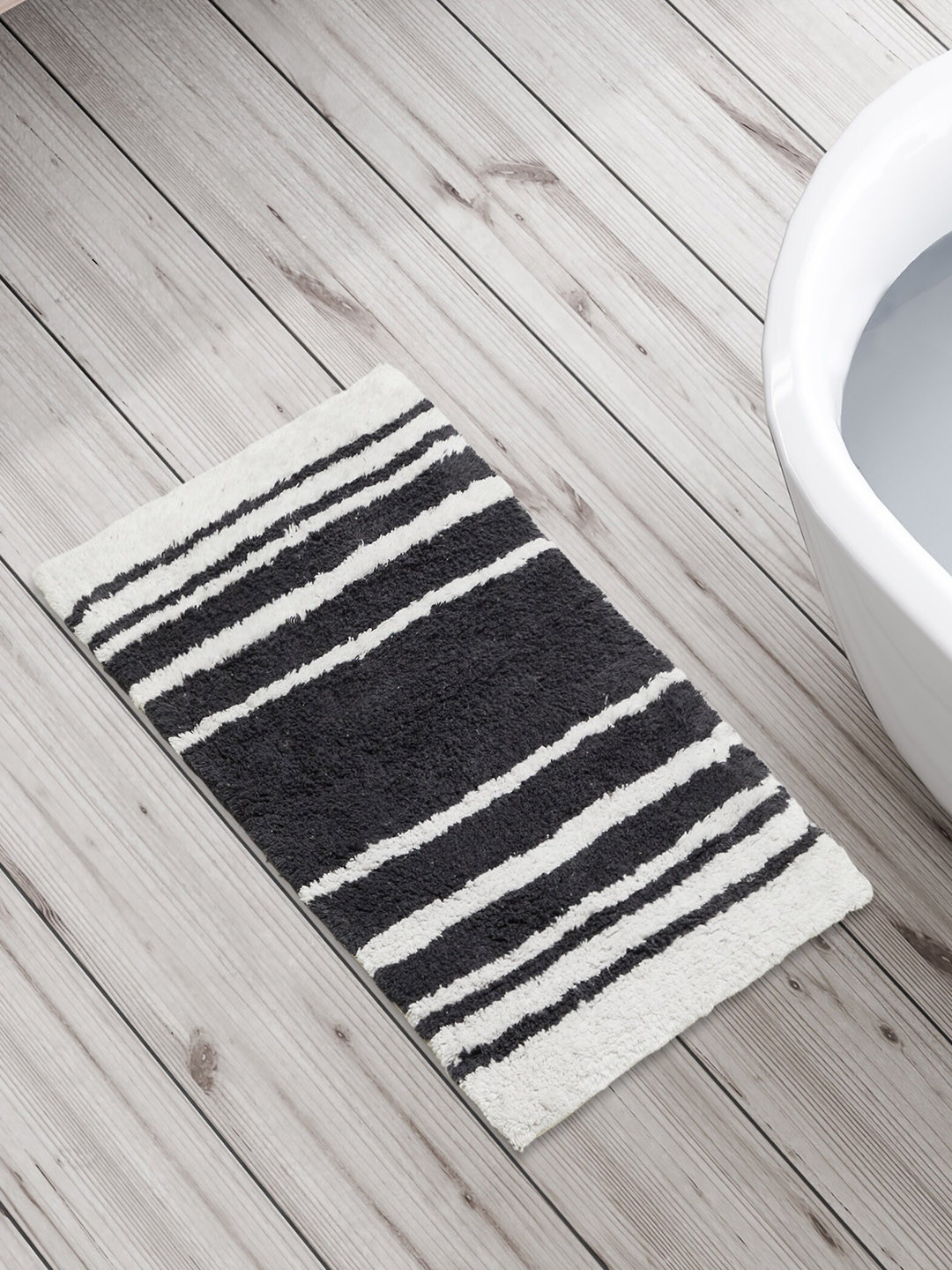 Home Centre Corsica Grey Pure Cotton Stripes Anti-Slip Bath Mat