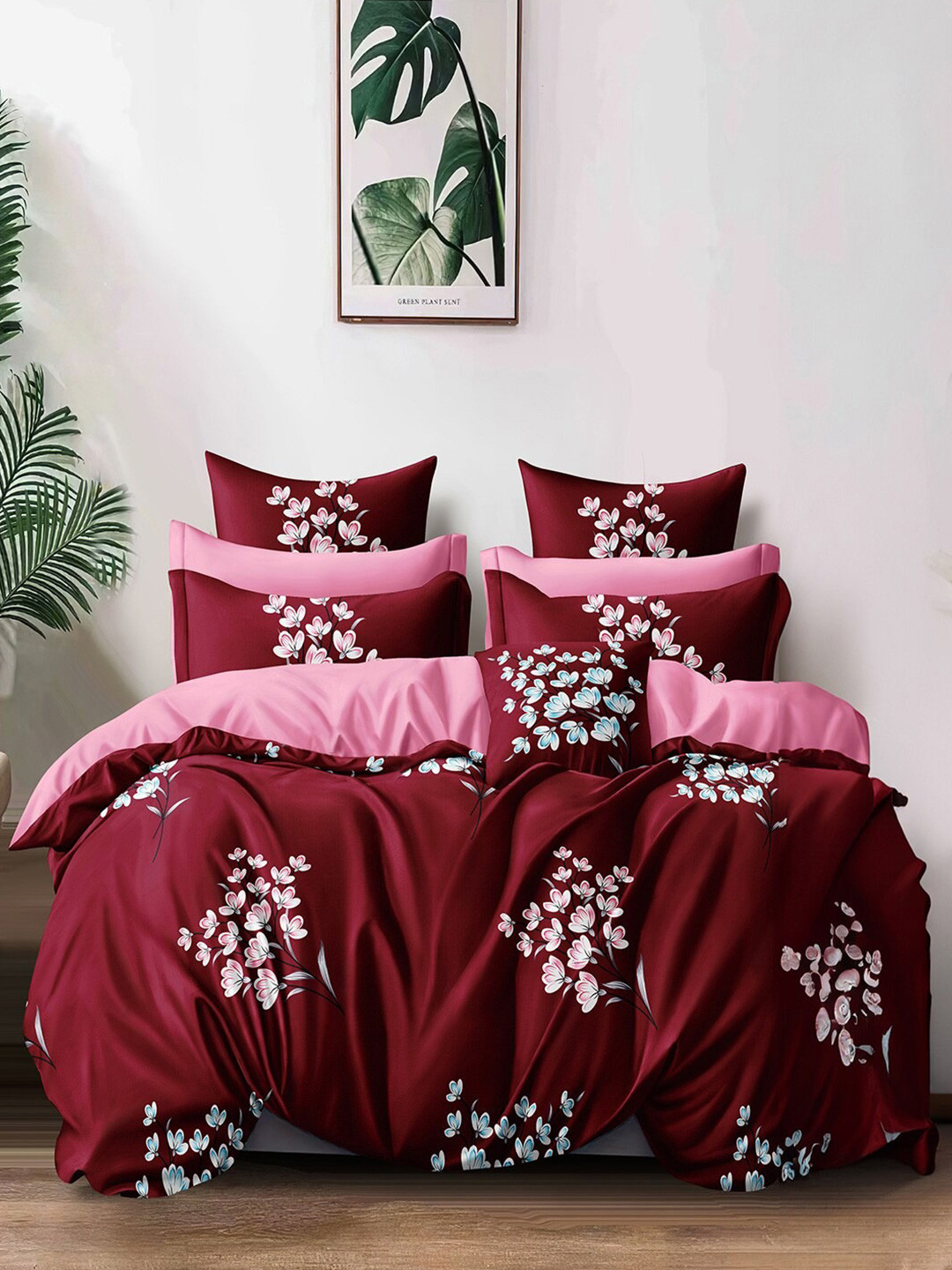 Cortina Red & Blue Printed 144 TC Queen Bedsheet with 2 Pillow Covers