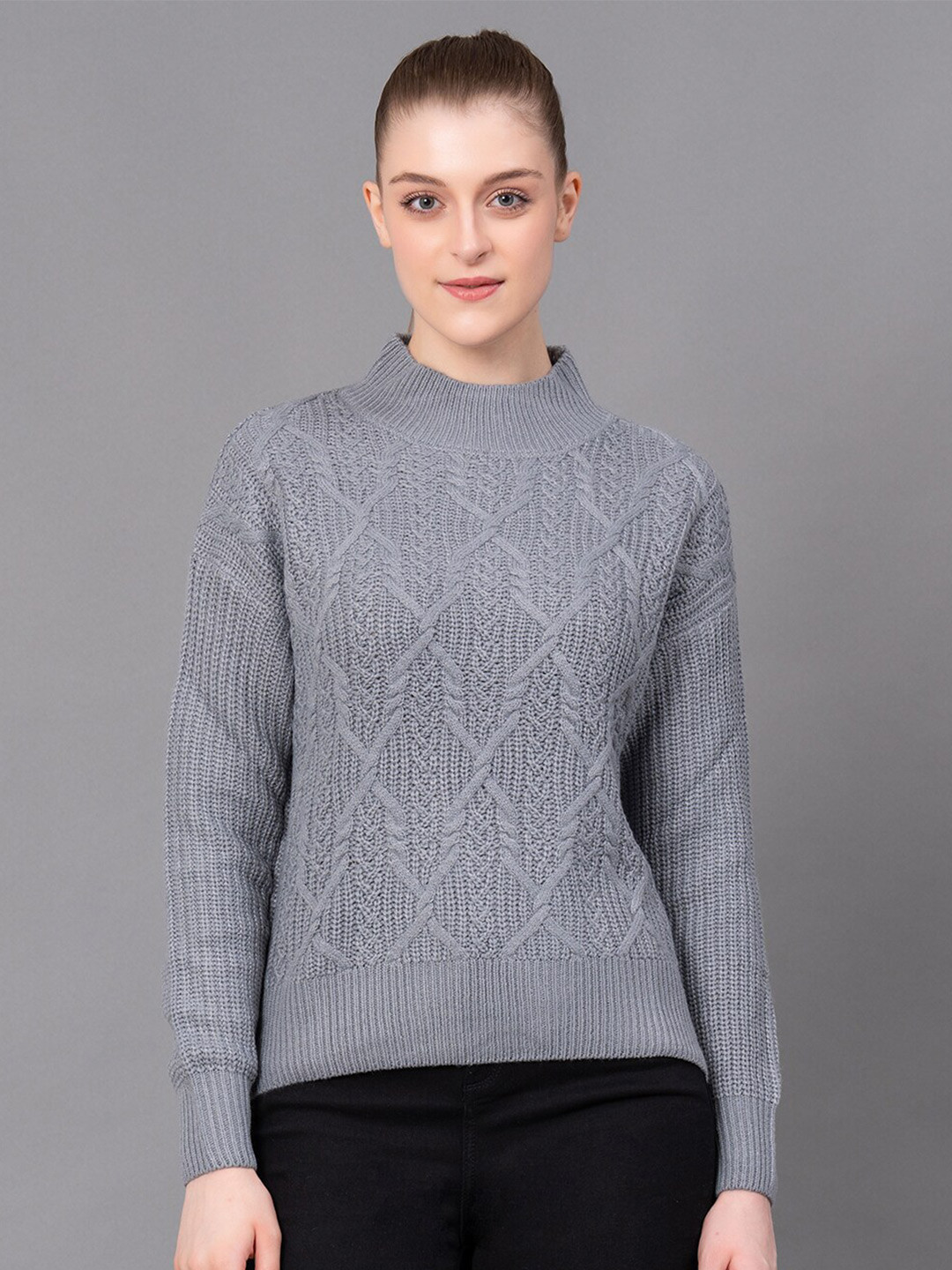 Red Tape Self Design Turtle Neck Cable Knit Acrylic Pullover