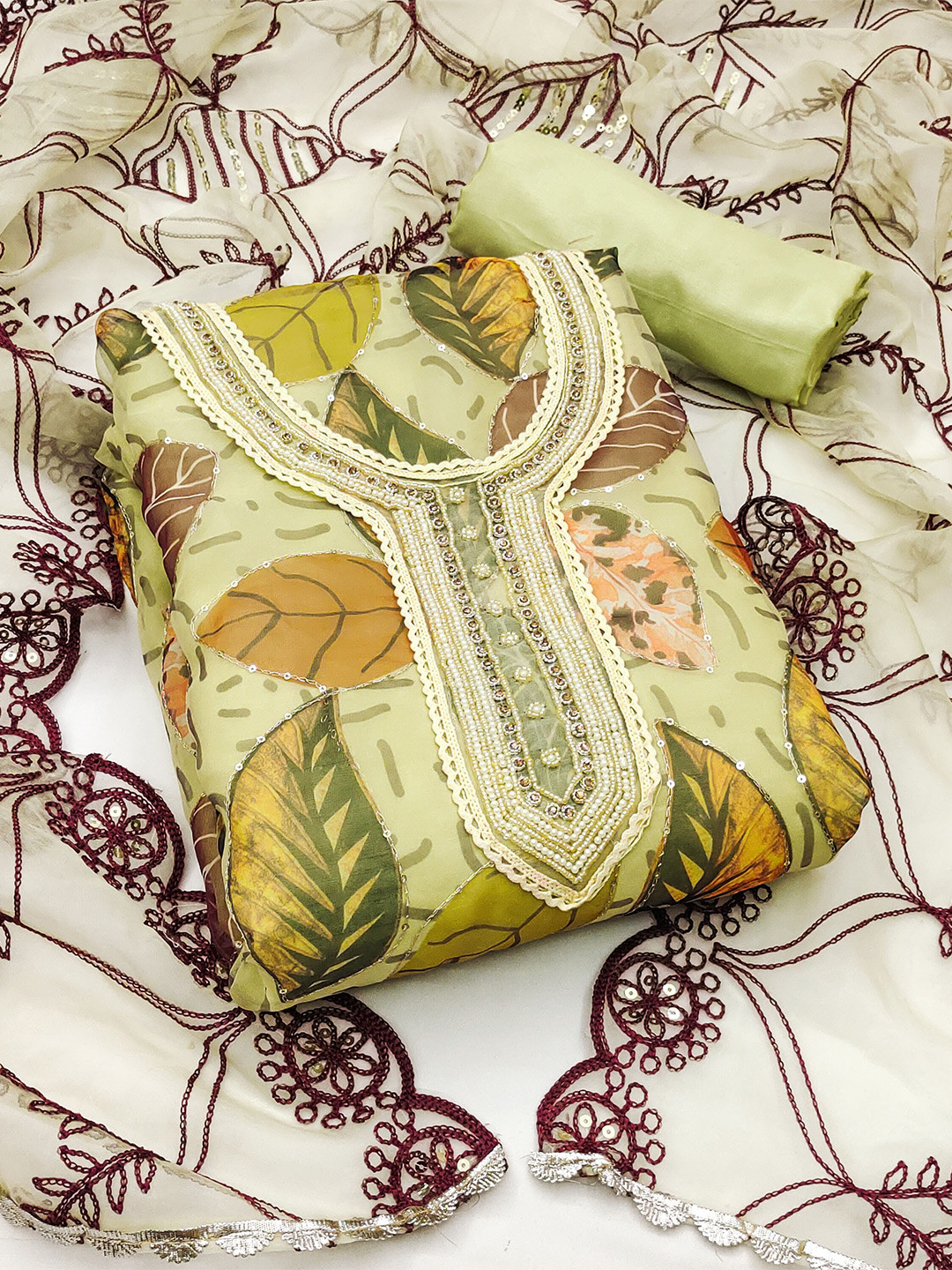 MANVAA Botanical Printed Sequinned Organza Unstitched Dress Material