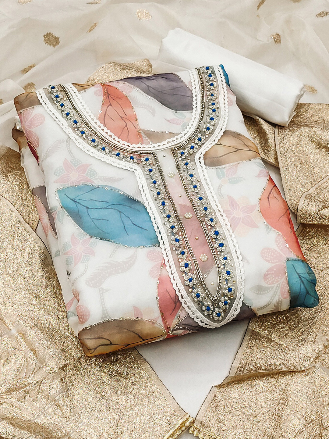 MANVAA Botanical Printed Beads & Stones Unstitched Dress Material