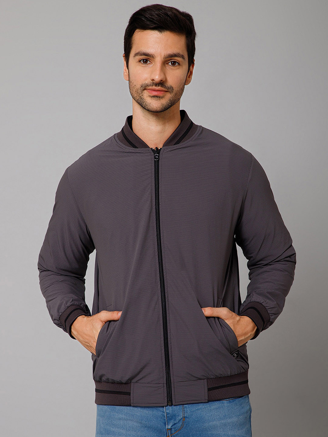 Cantabil Striped Stand Collar Reversible Bomber Jacket With Zip Detail