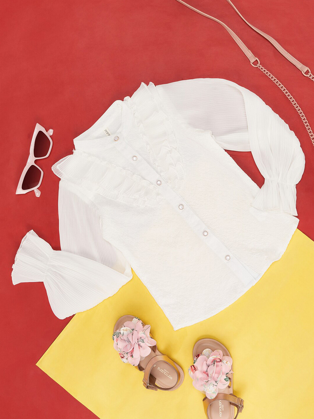 Pantaloons Junior Girls Mandarin Collar Bell Sleeve Ruffled Shirt Style Top