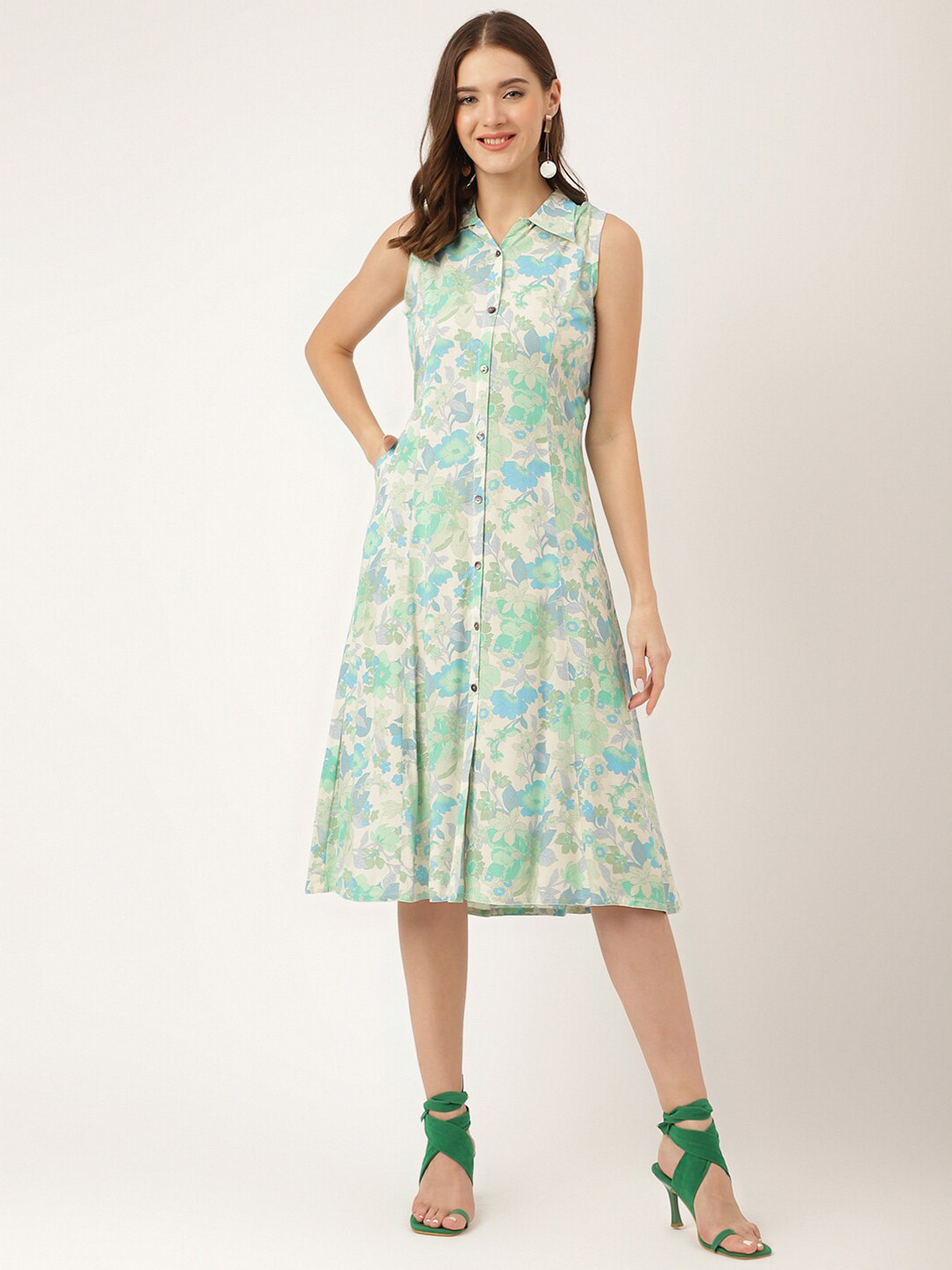 Divena Floral Printed Spread Collar Sleeveless Tie-Ups Detail A-Line Midi Dress