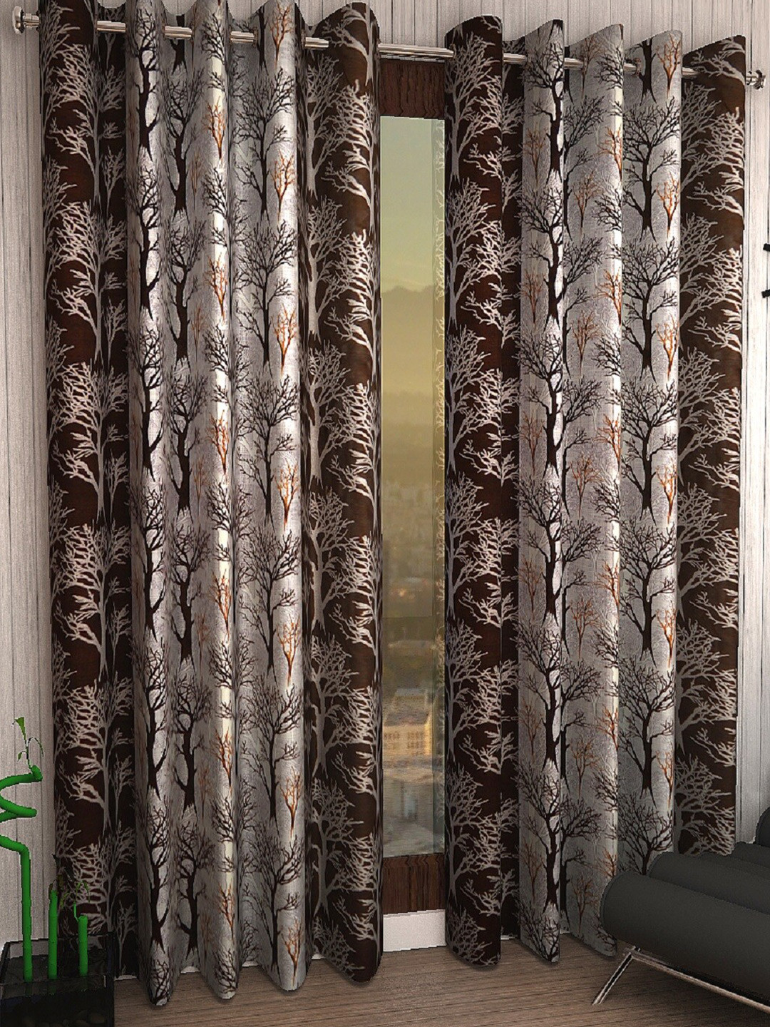 Fashion String Brown & White 2 Pieces Window Curtains
